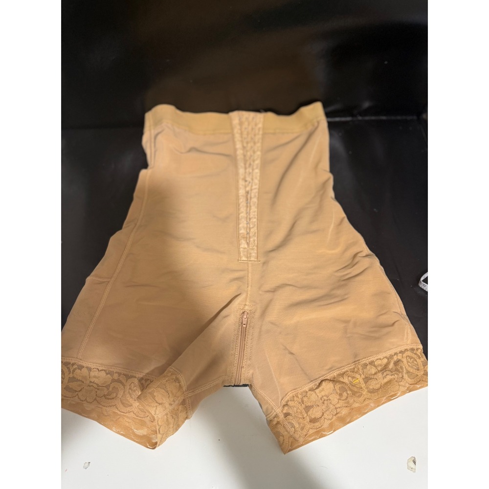 Womens Shapewear High Waisted Compression Shorts Lace Trim Zipper Front Beige L
